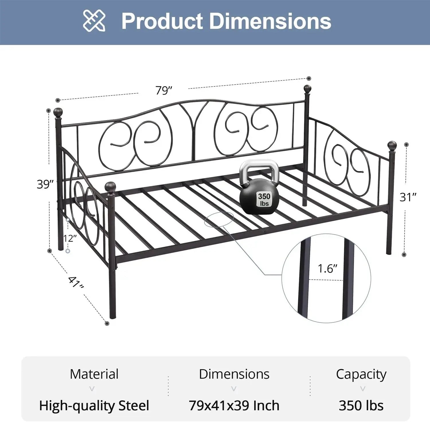Twin size Victorian Black Metal Daybed Frame - 350 lbs. Weight Capacity FastFurnishings