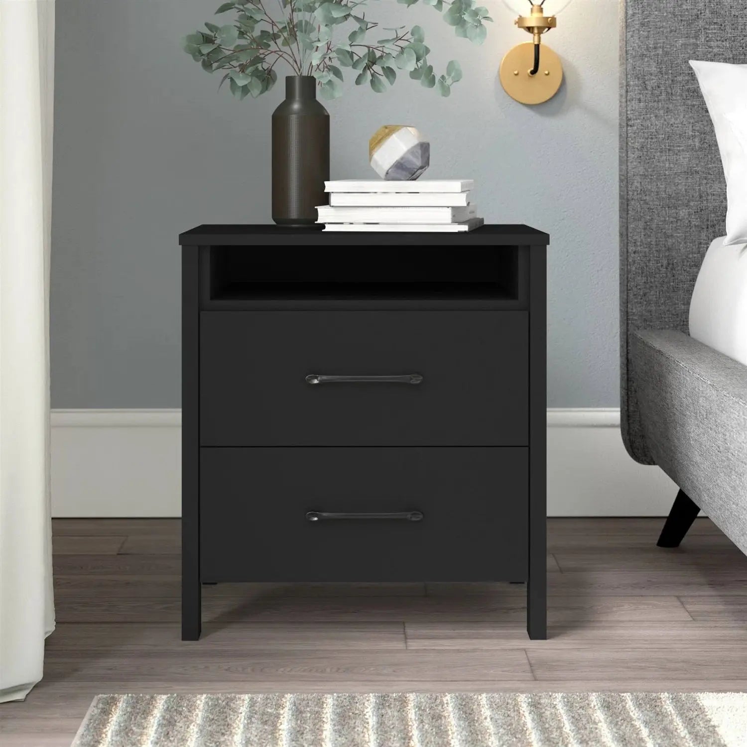Modern 2-Drawer Nightstand Bedside Table in Black Wood Finish FastFurnishings