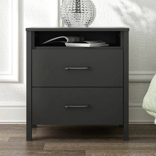 Modern 2-Drawer Nightstand Bedside Table in Black Wood Finish FastFurnishings