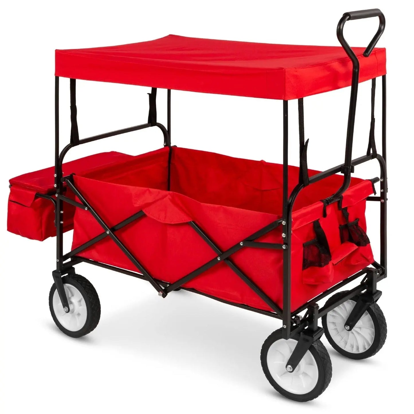 Collapsible Utility Wagon Cart Indoor/Outdoor with Canopy - Red FastFurnishings