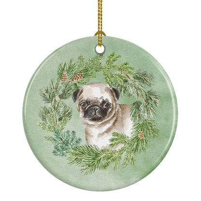 Pug Puppy Fawn Christmas Wreath Ceramic Ornament-0