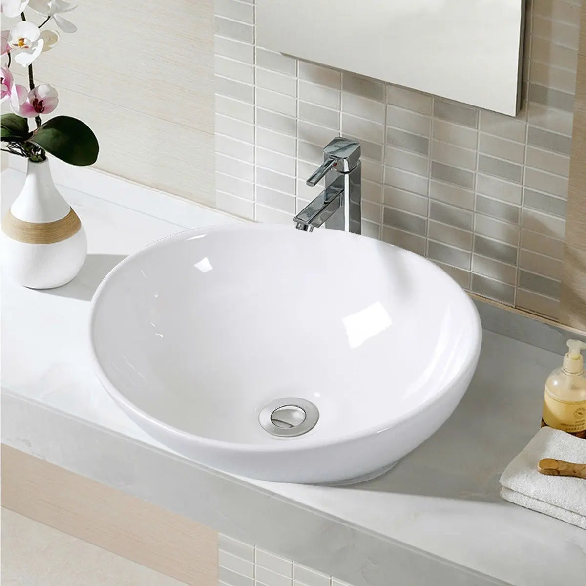 Contemporary Oval Basin Round Vessel Bathroom Sink in White FastFurnishings