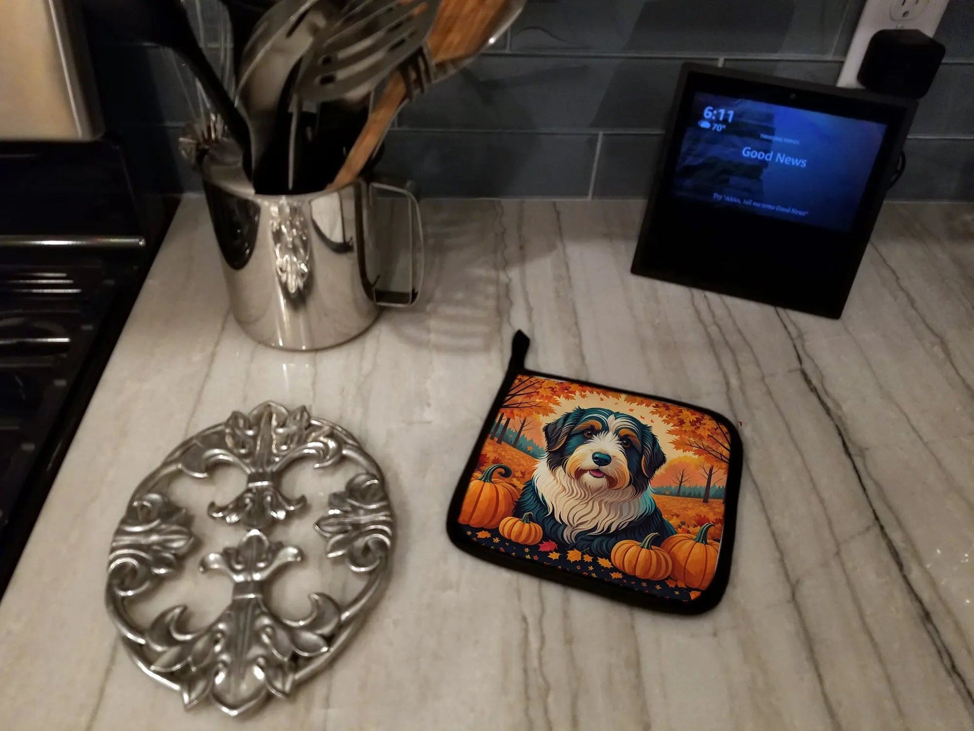 Bearded Collie Fall Pair of Pot Holders-3