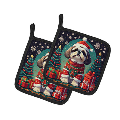 Shih Tzu Christmas Pair of Pot Holders-0