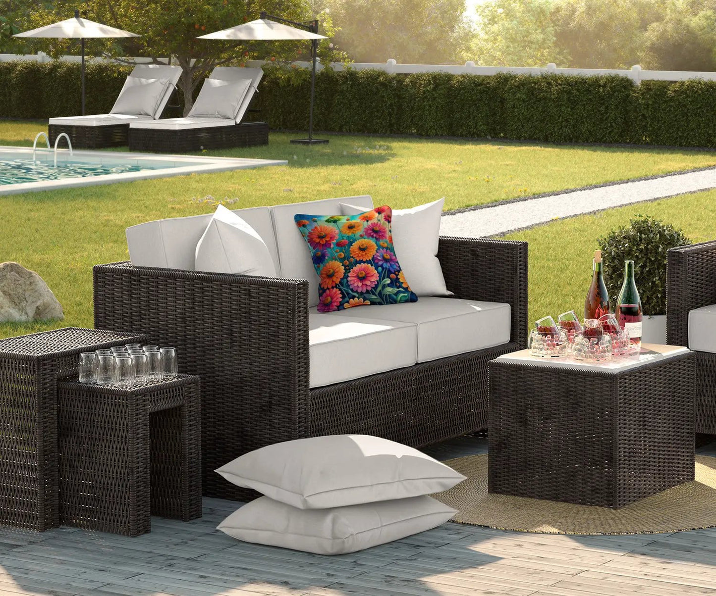 Colorful Zinnias Throw Pillow - Vivid Treasure Zone