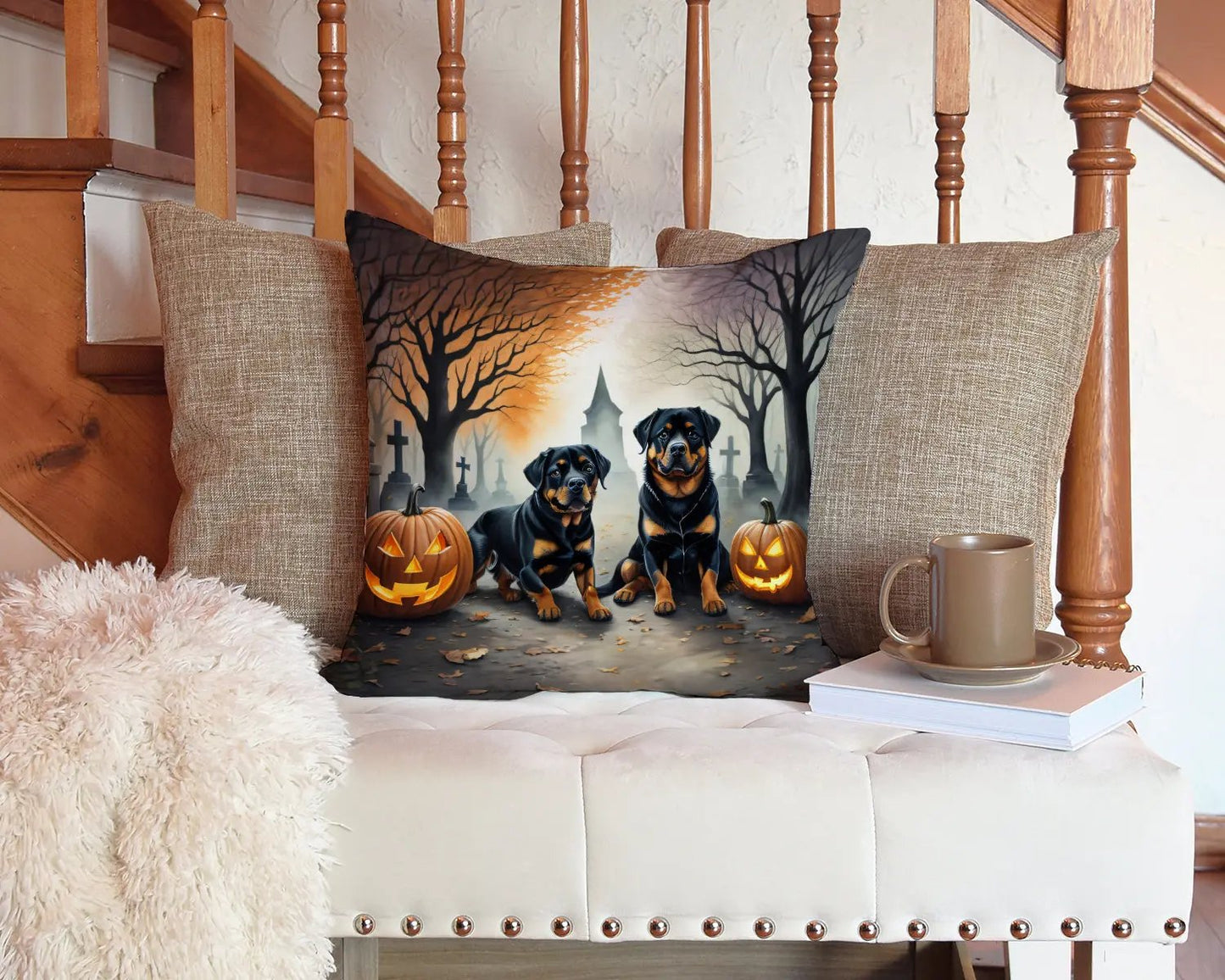 Rottweiler Spooky Halloween Throw Pillow - Vivid Treasure Zone