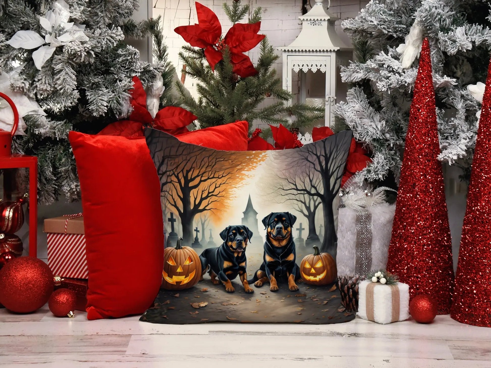 Rottweiler Spooky Halloween Throw Pillow - Vivid Treasure Zone