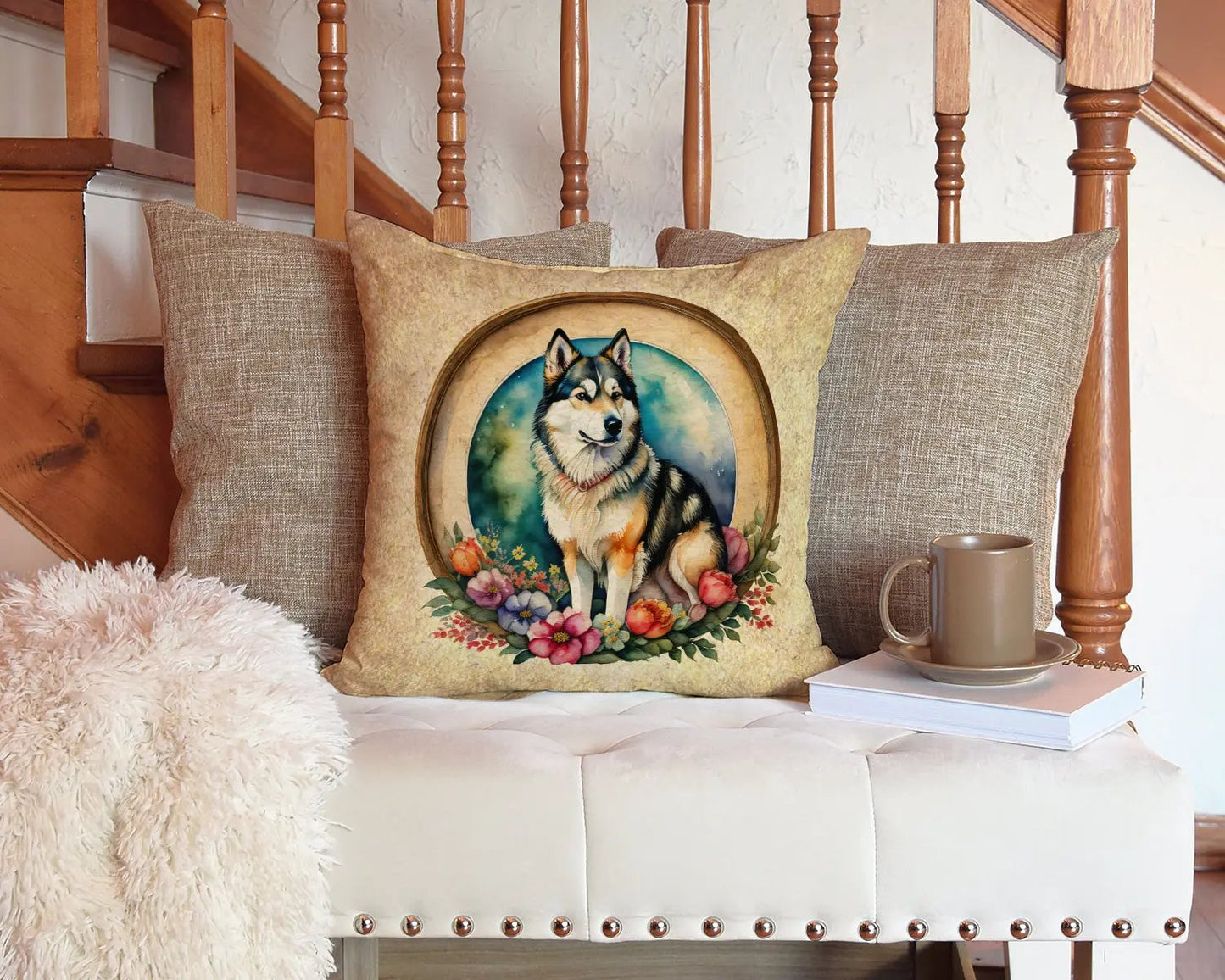 Alaskan Malamute and Flowers Throw Pillow Caroline's Treasures