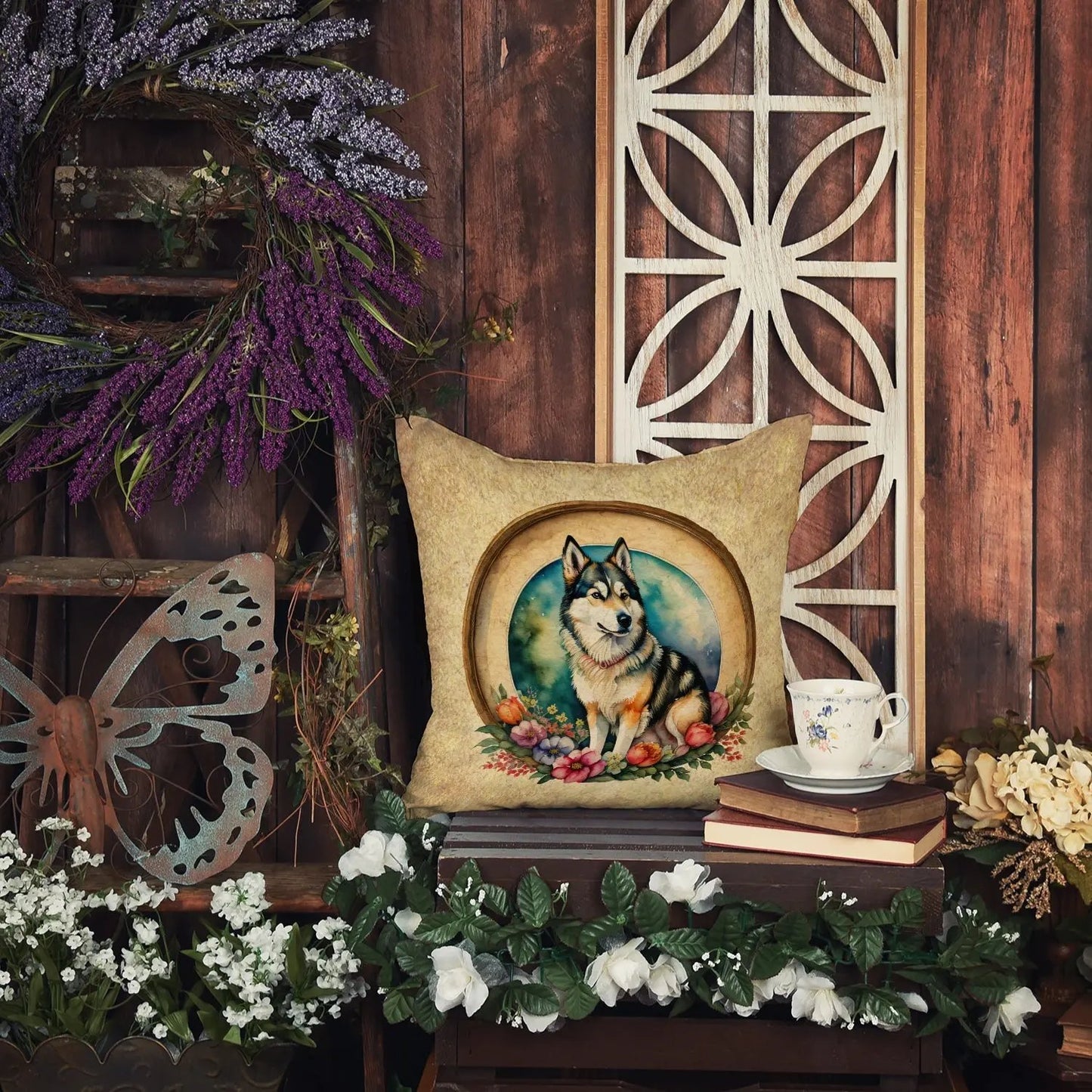 Alaskan Malamute and Flowers Throw Pillow Caroline's Treasures