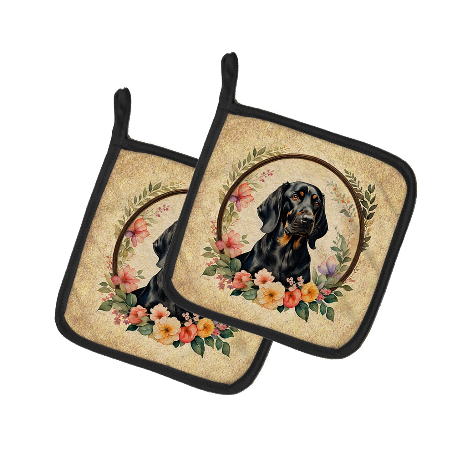 Black and Tan Coonhound and Flowers Pair of Pot Holders Caroline's Treasures