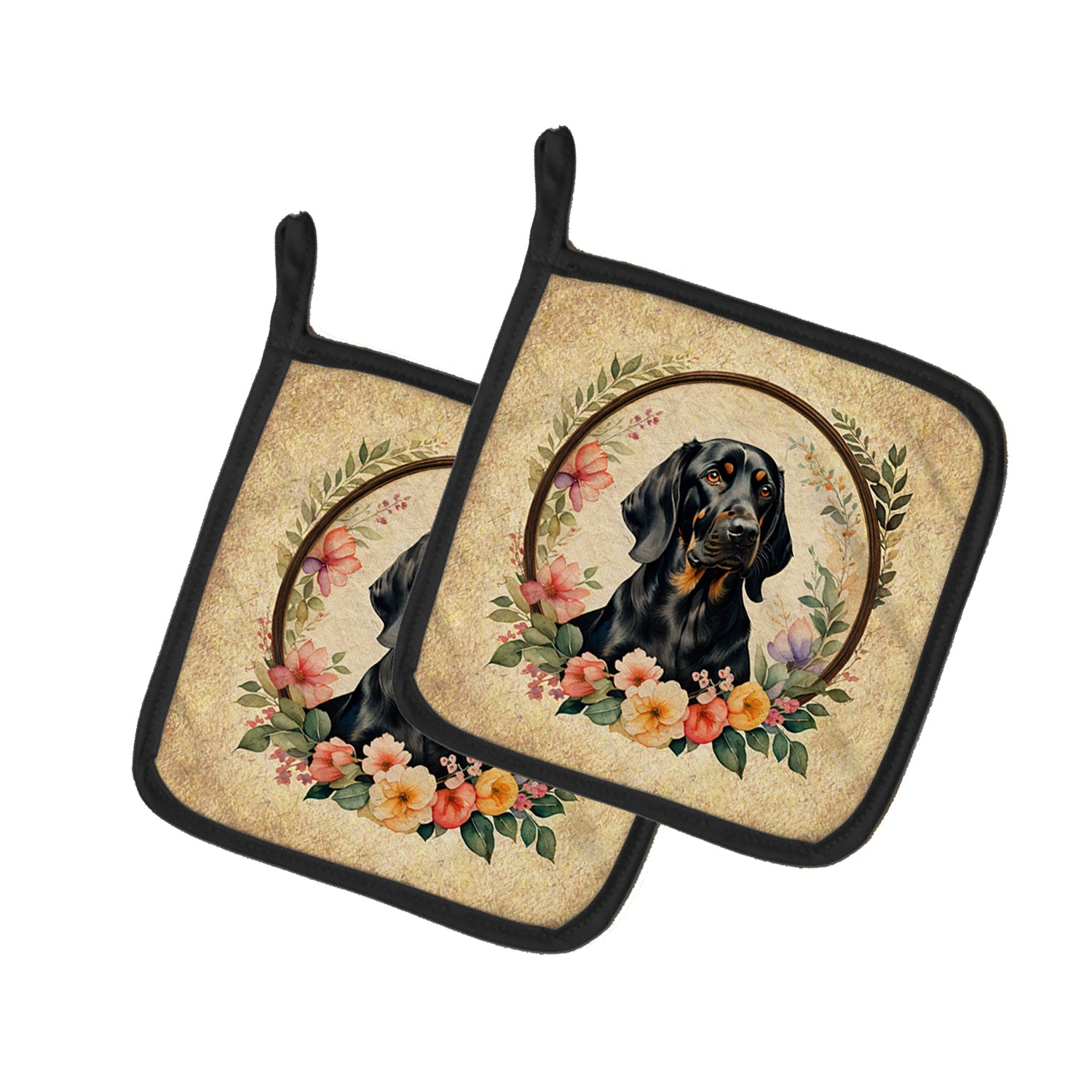 Black and Tan Coonhound and Flowers Pair of Pot Holders Caroline's Treasures