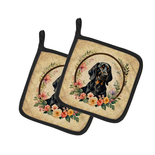Black and Tan Coonhound and Flowers Pair of Pot Holders Caroline's Treasures
