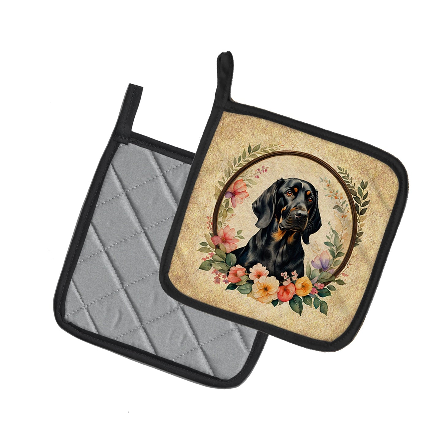Black and Tan Coonhound and Flowers Pair of Pot Holders Caroline's Treasures