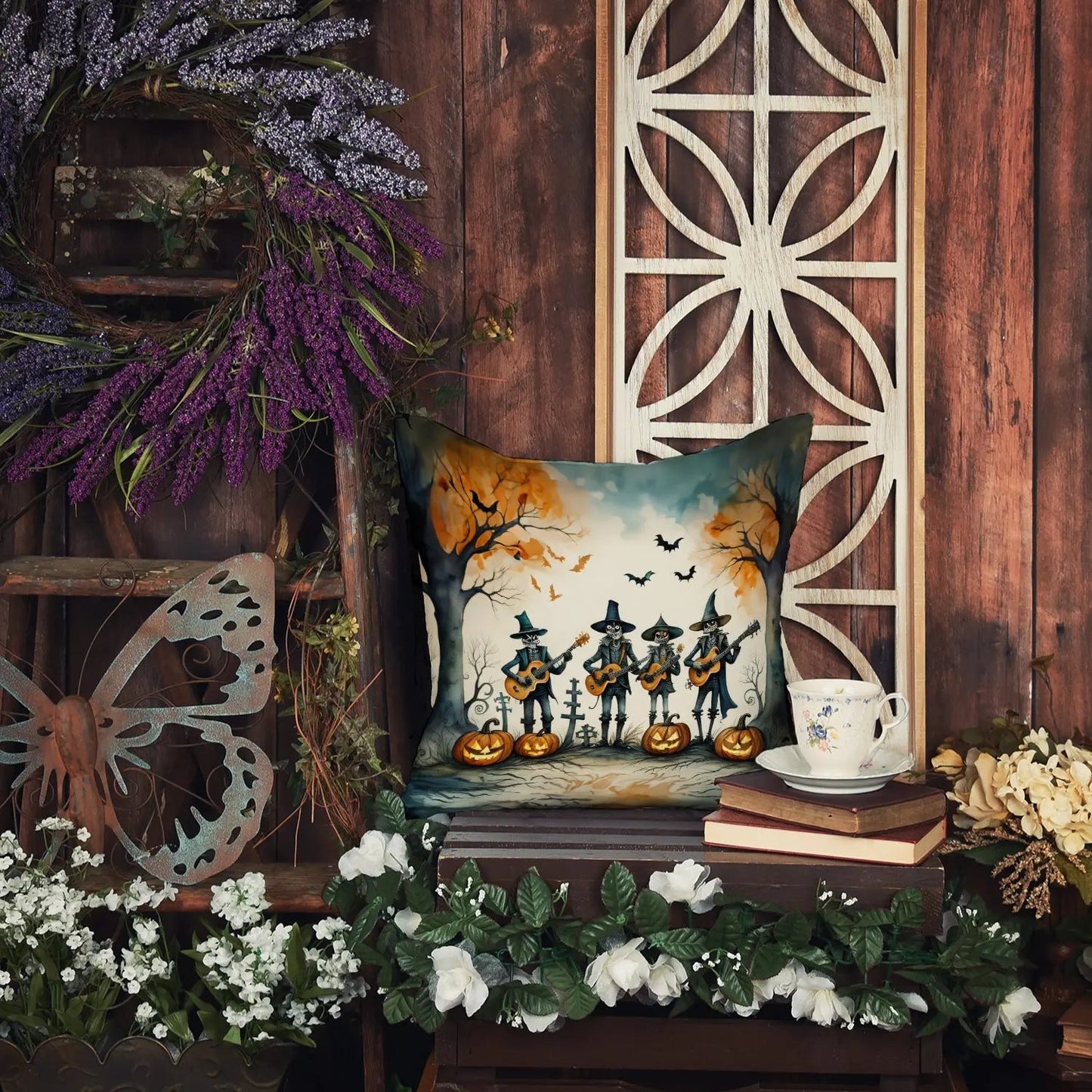 Mariachi Skeleton Band Spooky Halloween Throw Pillow-3