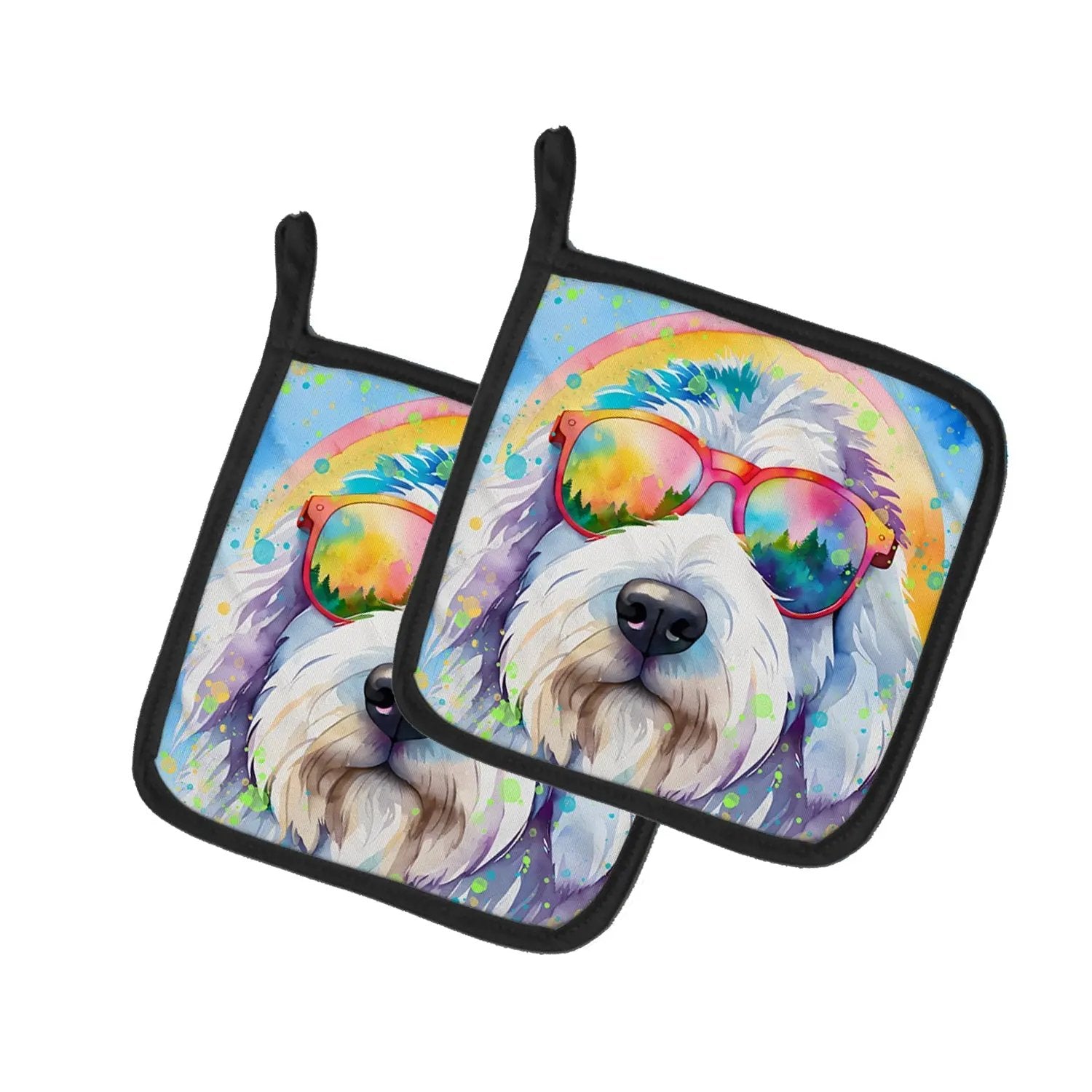 Old English Sheepdog Hippie Dawg Pair of Pot Holders-0