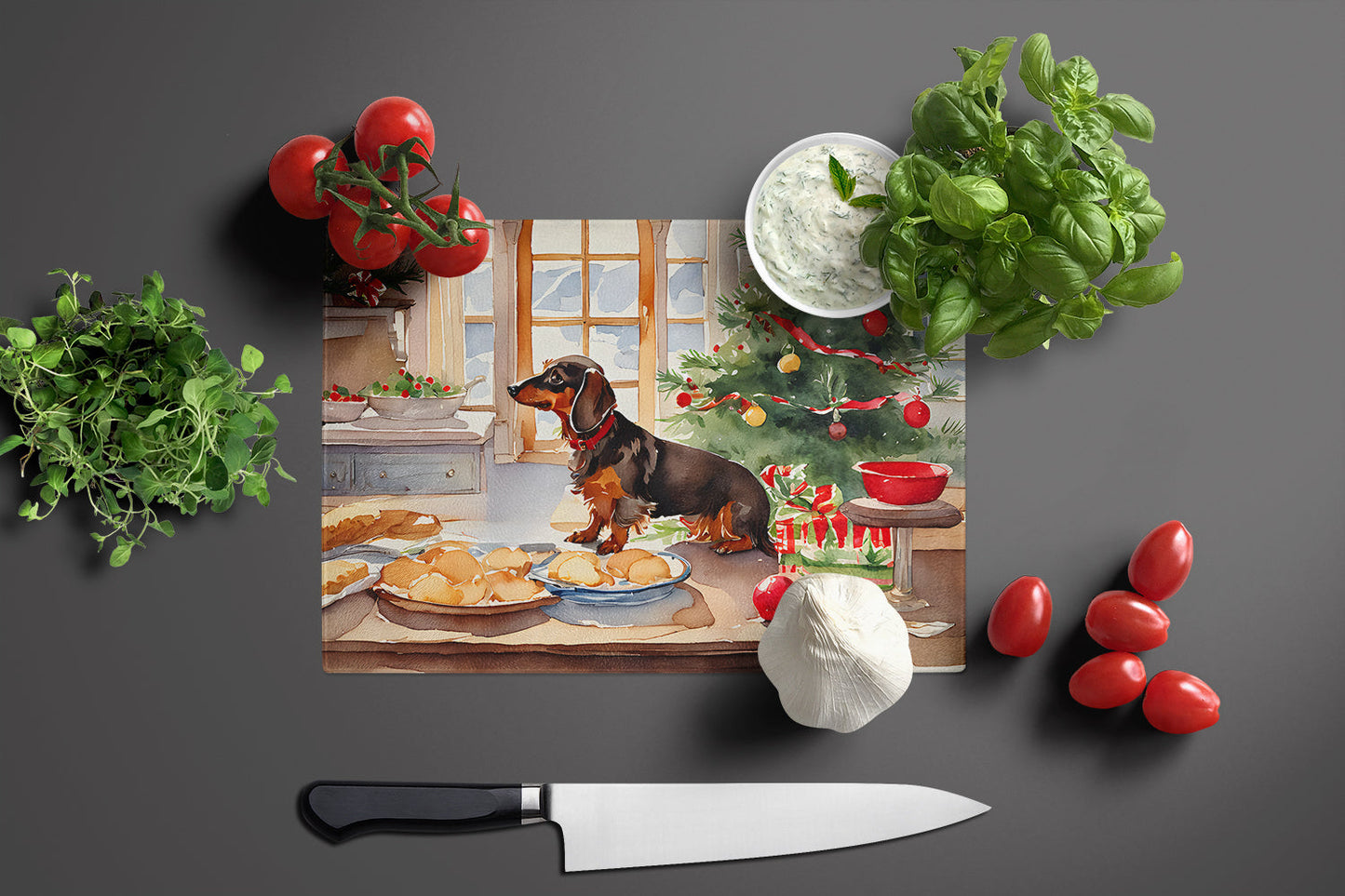 Dachshund Christmas Cookies Glass Cutting Board-2