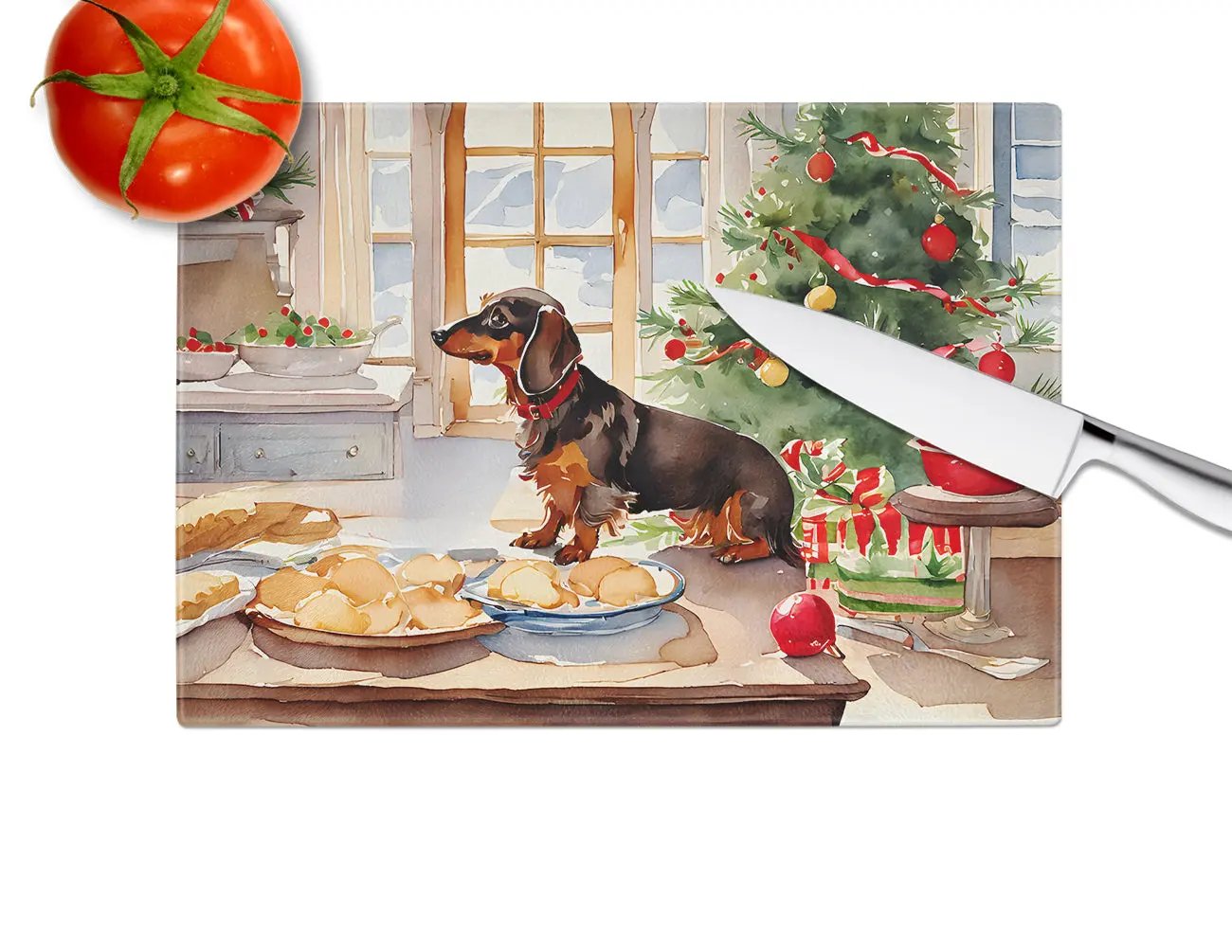 Dachshund Christmas Cookies Glass Cutting Board-3