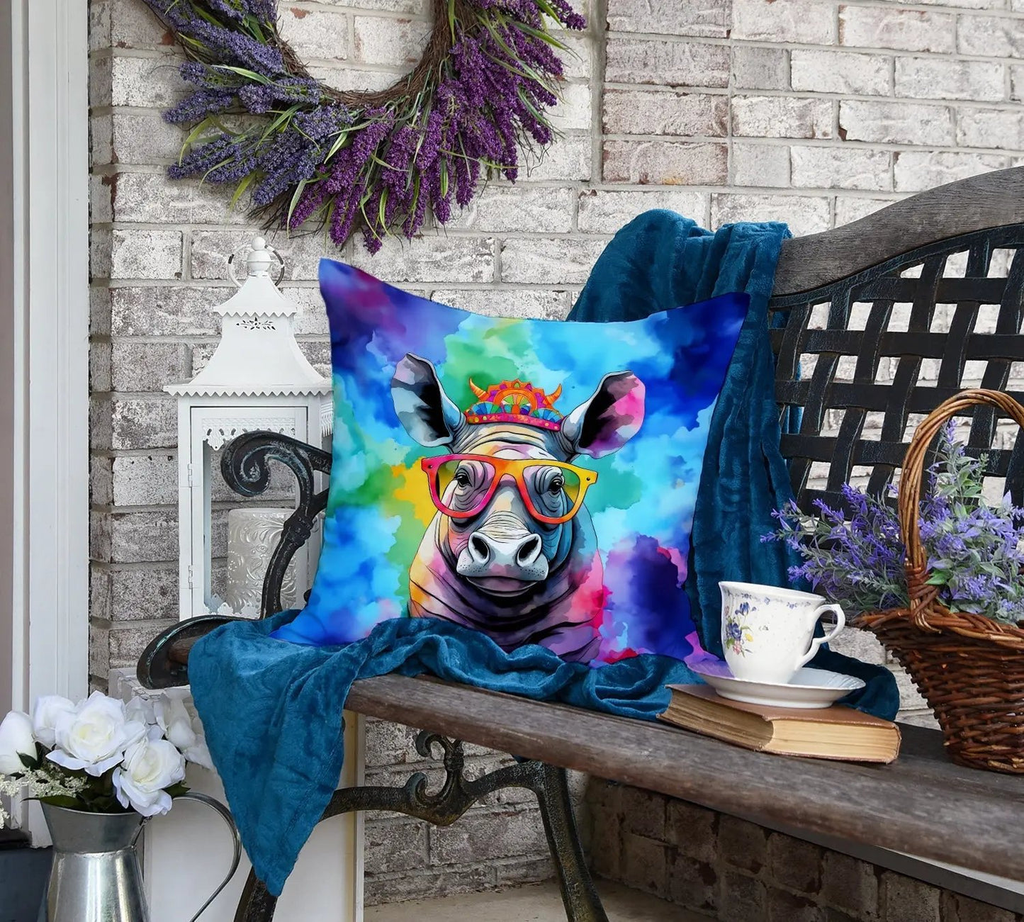 Hippie Animal Rhinoceros Throw Pillow-3