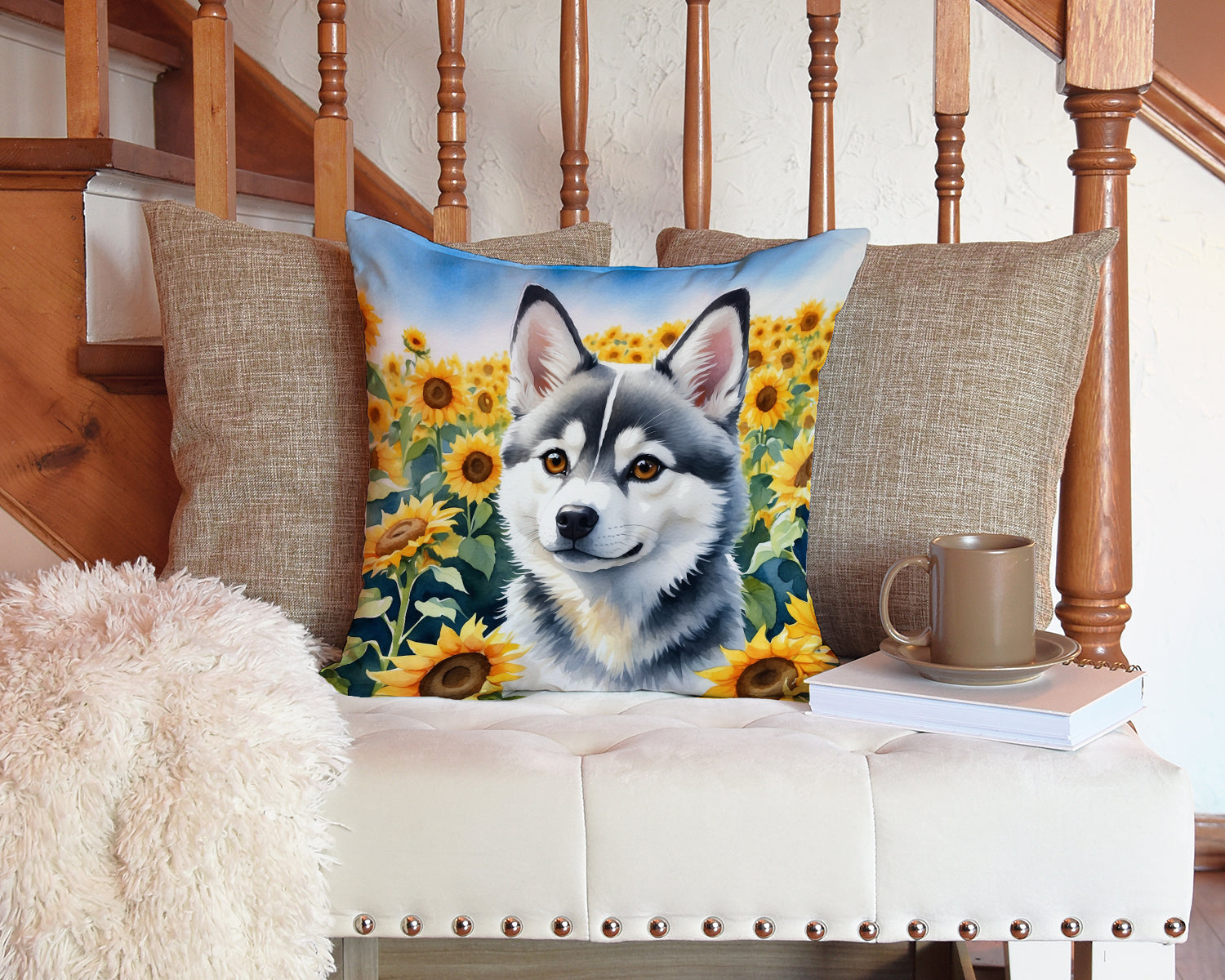 Alaskan Klee Kai in Sunflowers Throw Pillow Caroline's Treasures