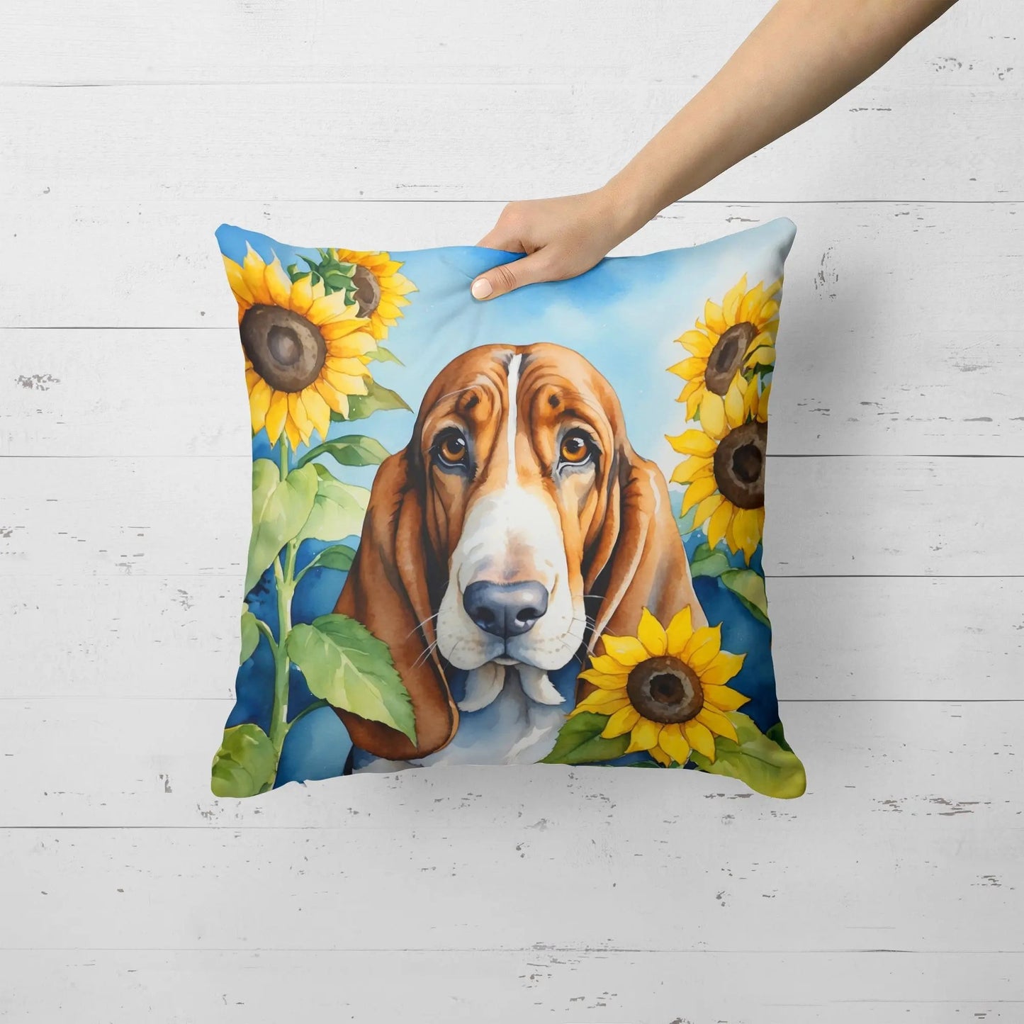 Basset Hound in Sunflowers Throw Pillow Caroline's Treasures