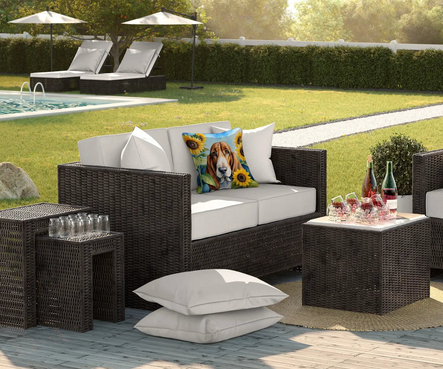 Basset Hound in Sunflowers Throw Pillow Caroline's Treasures