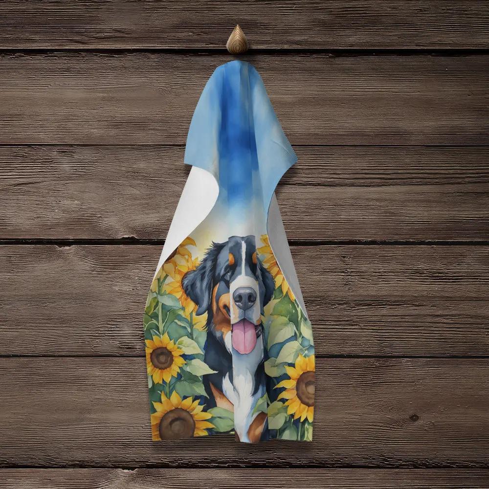 Bernese Mountain Dog in Sunflowers Kitchen Towel - Vivid Treasure Zone