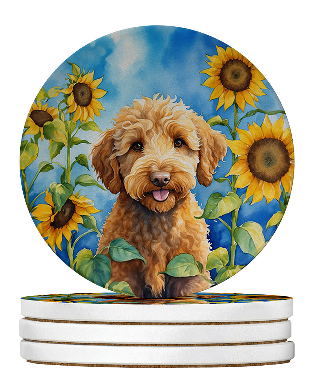Labradoodle in Sunflowers Large Sandstone Coasters Pack of 4 Caroline's Treasures