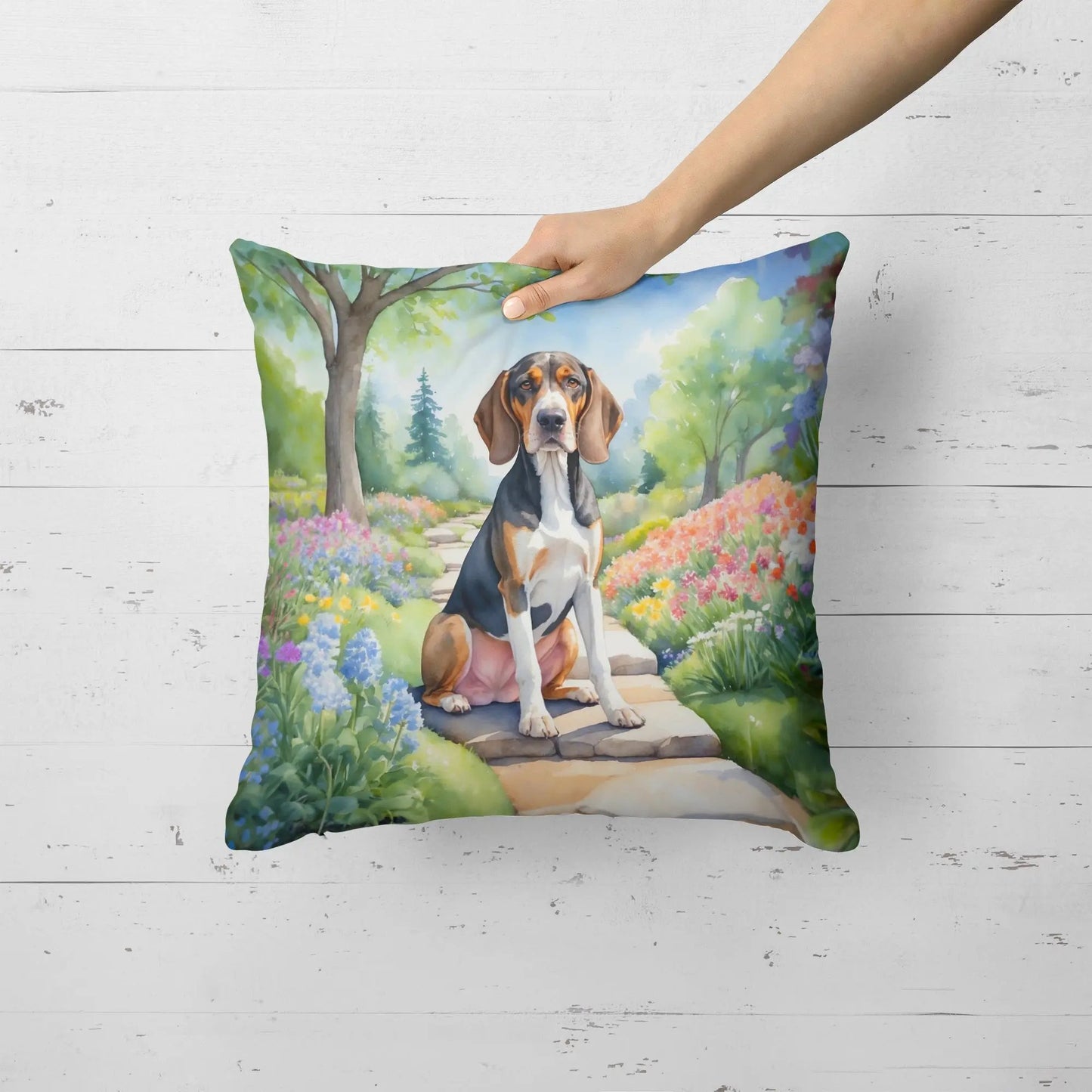 American English Coonhound Spring Garden Throw Pillow - Vivid Treasure Zone