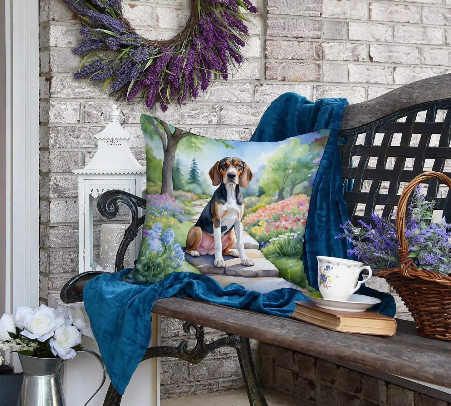 American English Coonhound Spring Garden Throw Pillow - Vivid Treasure Zone