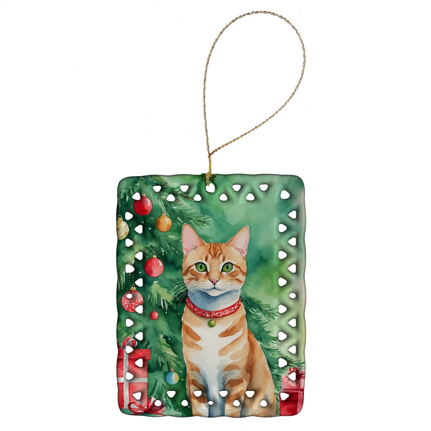 Arabian Mau Cat By the Christmas Tree Porcelain Ornament Caroline's Treasures