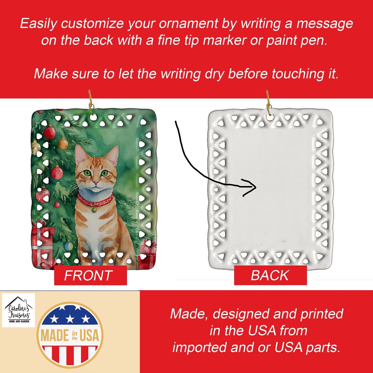 Arabian Mau Cat By the Christmas Tree Porcelain Ornament Caroline's Treasures