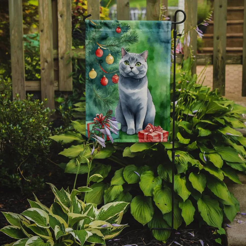 British Shorthair Cat By the Christmas Tree Garden Flag - Vivid Treasure Zone