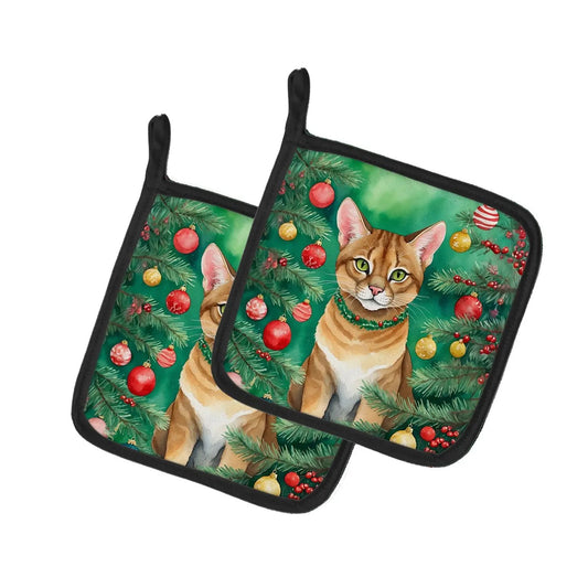 Chausie Cat By the Christmas Tree Pair of Pot Holders-0