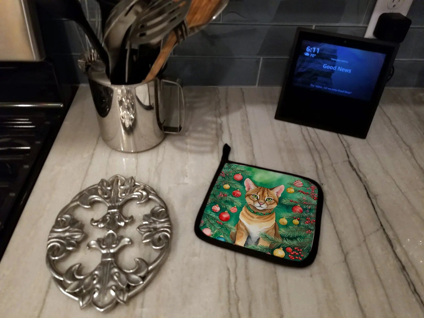 Chausie Cat By the Christmas Tree Pair of Pot Holders-2