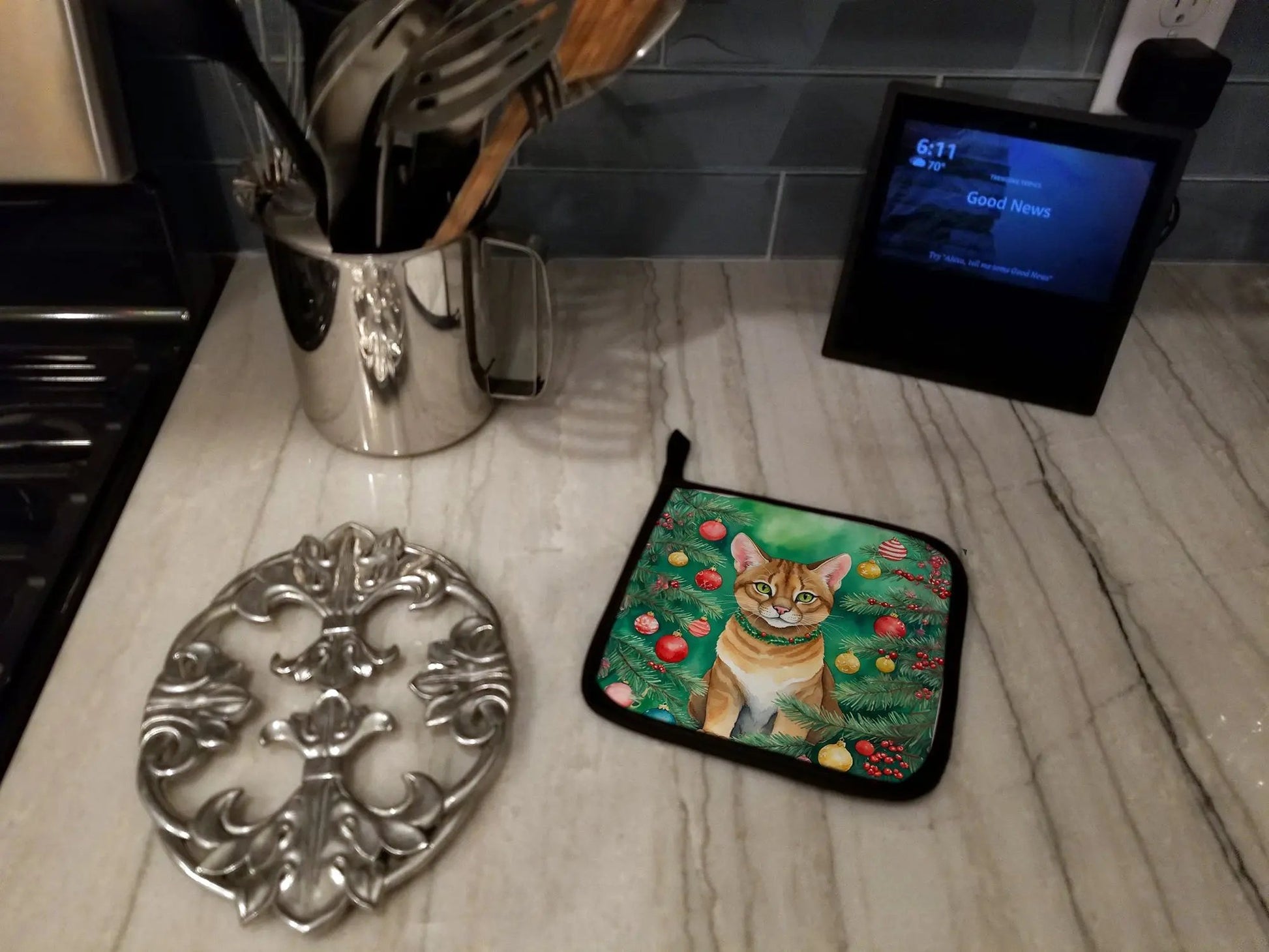 Chausie Cat By the Christmas Tree Pair of Pot Holders-2