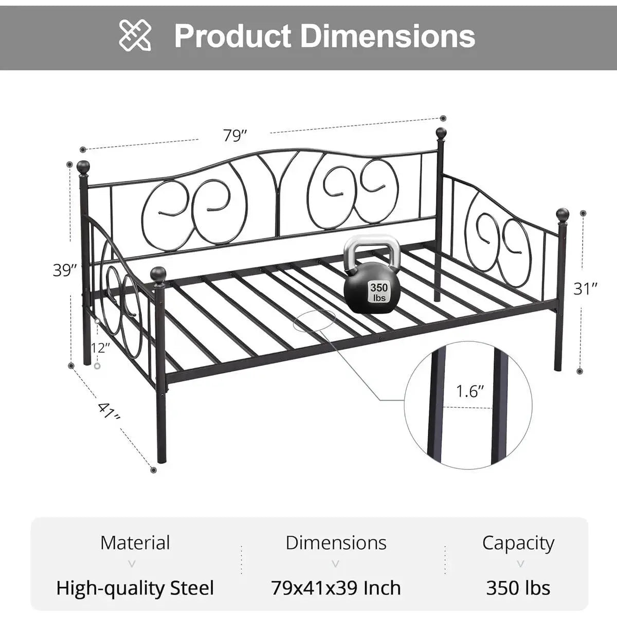 Twin size French Country Style Black Metal Day Bed Frame FastFurnishings