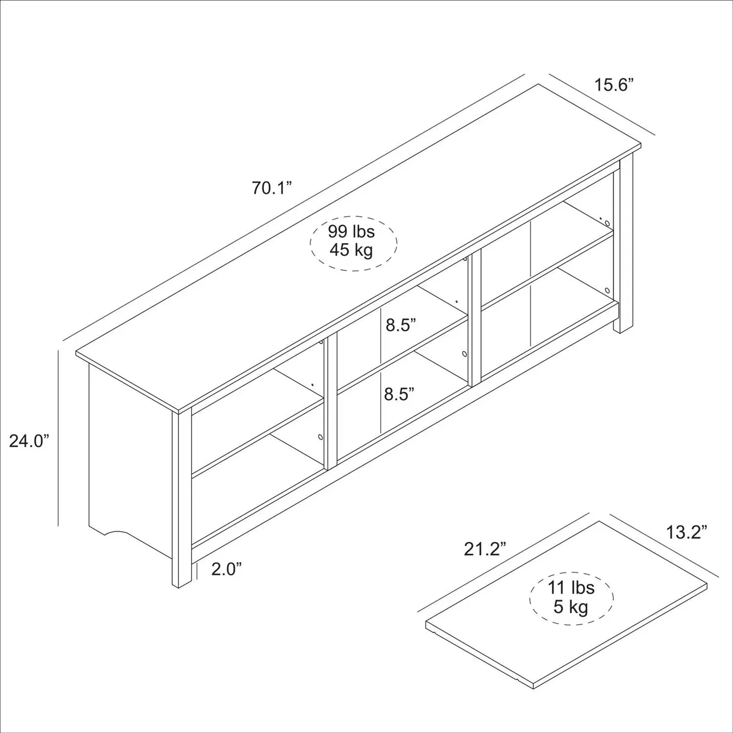 Farmhouse TV Stand in Grey Oak with Brown Wood Finish Top for TVs up to 70-inch FastFurnishings