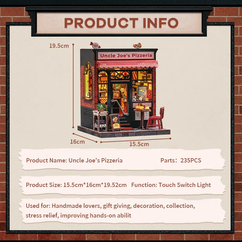 Uncle Joe's Pizzeria Dollhouse Kit - Miniature Wizardi Roombox Kit with LED Light F07M51-92-CWGC210 Wizardi