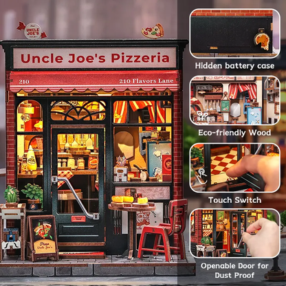 Uncle Joe's Pizzeria Dollhouse Kit - Miniature Wizardi Roombox Kit with LED Light F07M51-92-CWGC210 Wizardi