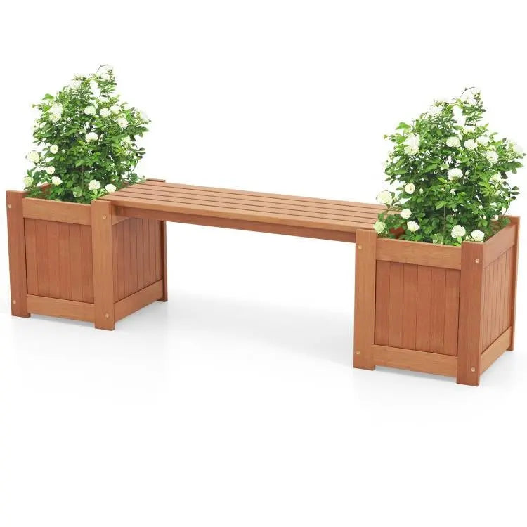 Farmhouse Durable Outdoor Wooden Planter Box with Garden Bench FastFurnishings
