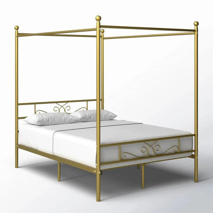 Full size French Country Four Poster Metal Canopy Bed in Gold Finish Unbranded