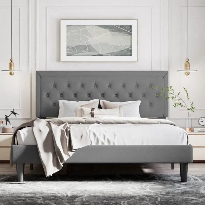 Full Size Dark Grey Linen Upholstered Platform Bed with Button-Tufted Headboard FastFurnishings
