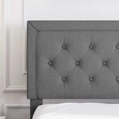 Full Size Dark Grey Linen Upholstered Platform Bed with Button-Tufted Headboard FastFurnishings