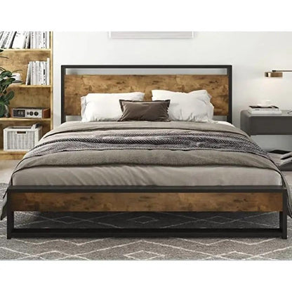 Full Modern Farmhouse Platform Bed Frame with Wood Panel Headboard Footboard FastFurnishings