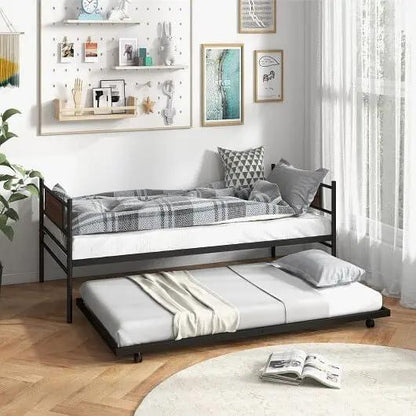 Twin Size Metal Daybed with Trundle and Wood Grain Headboard Vivid Treasure Zone