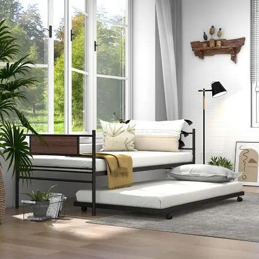 Twin Size Metal Daybed with Trundle and Wood Grain Headboard Vivid Treasure Zone