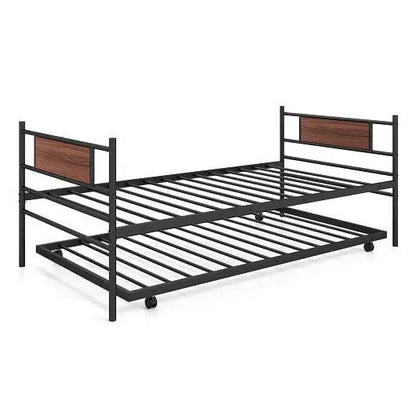Twin Size Metal Daybed with Trundle and Wood Grain Headboard Vivid Treasure Zone