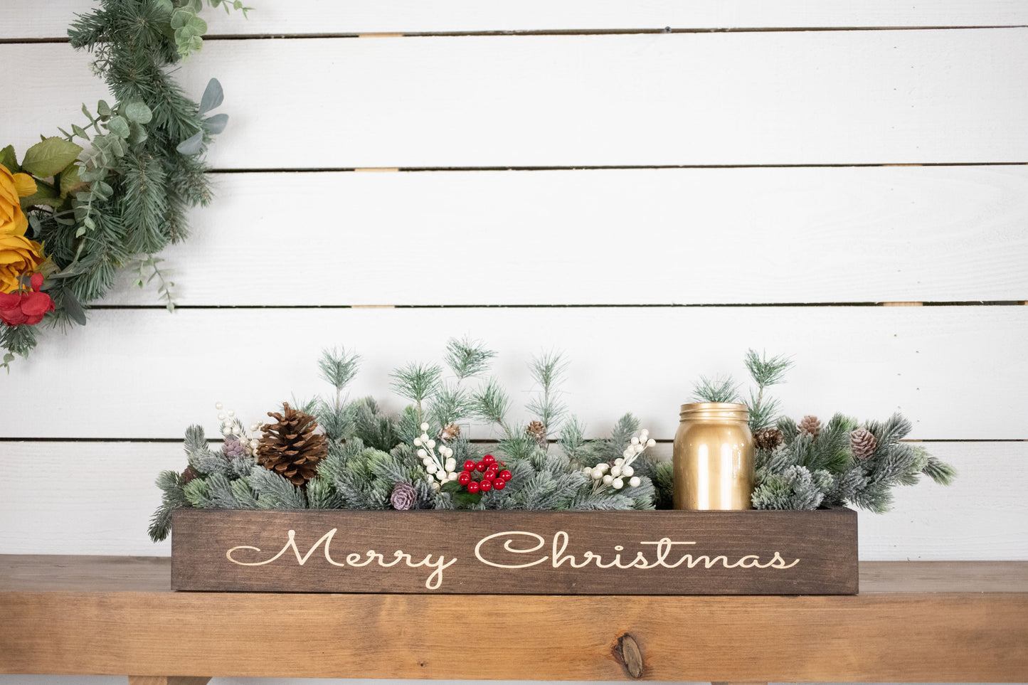 Merry + Bright Christmas Centerpiece, Engraved Wood Box with Christmas Greenery-3