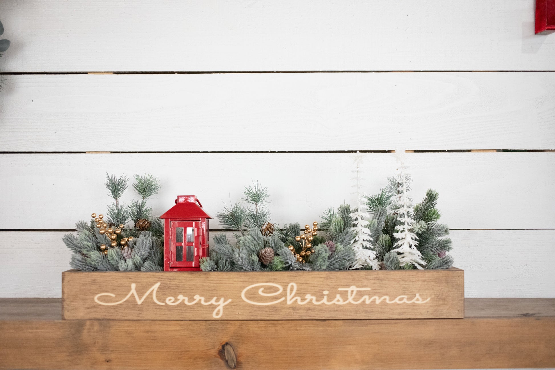 Merry + Bright Christmas Centerpiece, Engraved Wood Box with Christmas Greenery-4