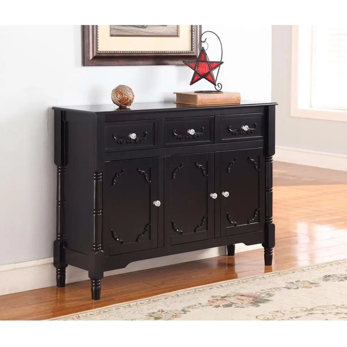 Solid Wood Black Finish Sideboard Console Table with Storage Drawres FastFurnishings